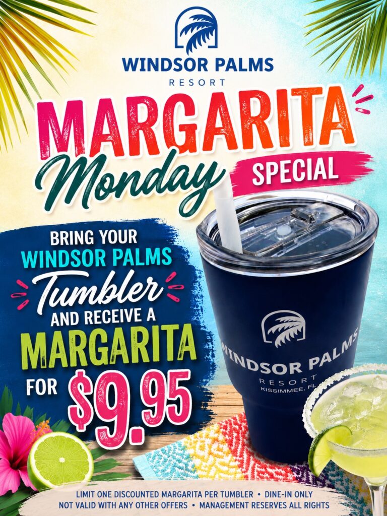 Bring your Windsor Palms Tumbler to the Tiki bar and get a Margarita for $9.95!